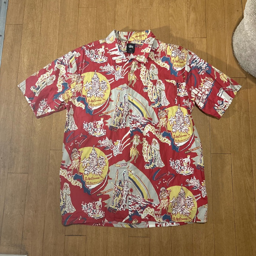 Stussy Mens Large Red Hawaiian Print Short Sleeve Button Up Shirt Cotton Graphic
